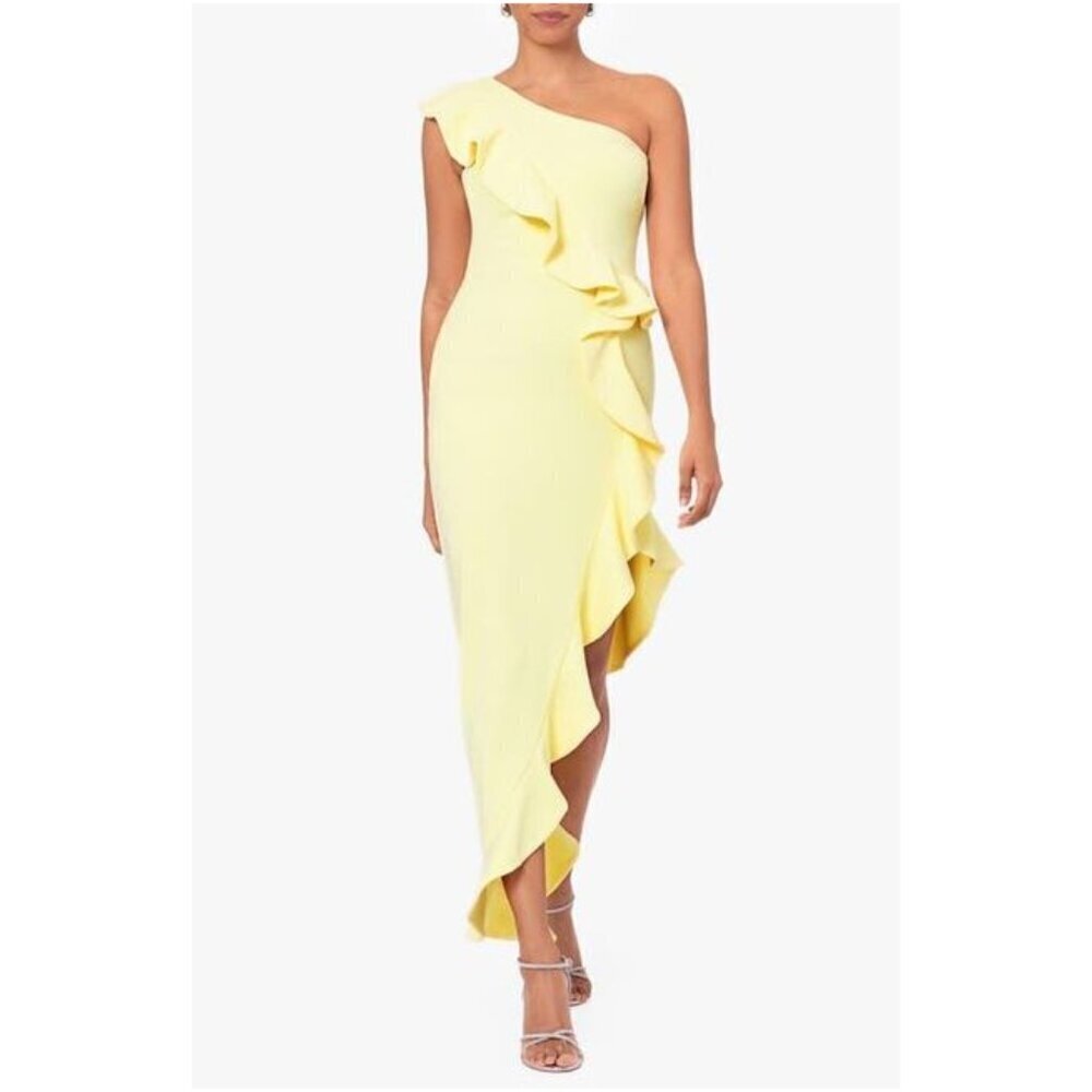 BETSY & ADAM Ruffle One-Shoulder Cocktail Dress in Lemon Size US 12